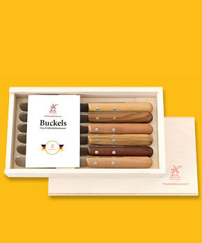 Geschenkbox Frühstücksmesser Jedem sein Buckels - 6 Buckels - 6 Hölzer  von Windmühlenmesser